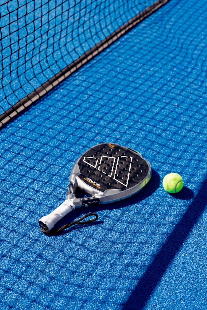 heros-img Padel racket and ball resting on a vibrant blue court, next to a net, under bright daylight.